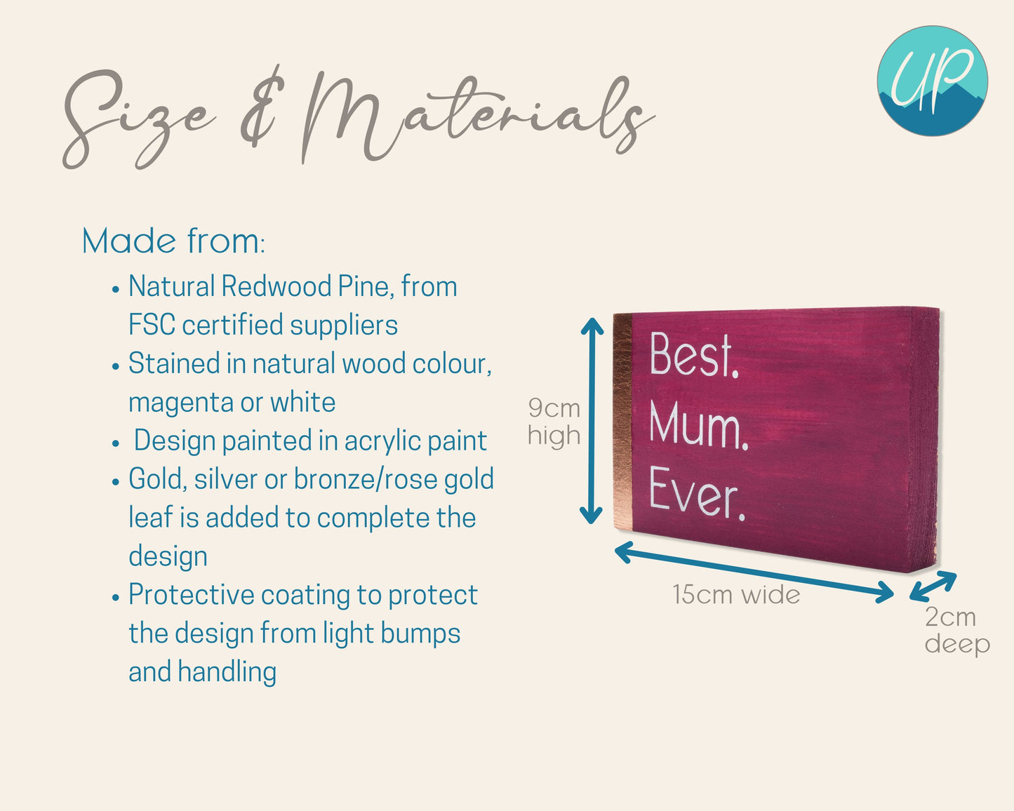 Light colored information page with brand logo showing size of sign with a picture and materials list. Size is centimeters 15 wide, 9 high, 2 deep. Materials include natural Redwood, gold leaf, wood stain and acrylic paint.