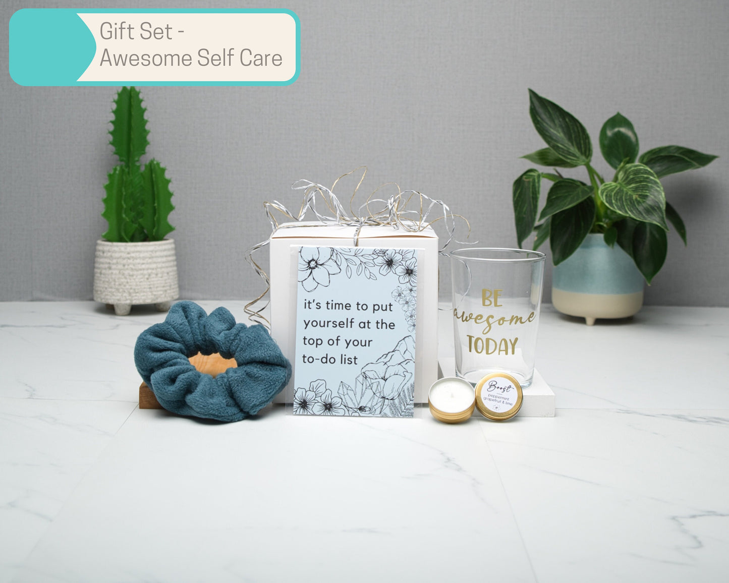 Cozy Self Care Wall Art Gift Sets in Multiple Sizes, Scrunchies, A6 Art Print, keyring, candle, 500ml glass tumbler, Home Decor Gift Box