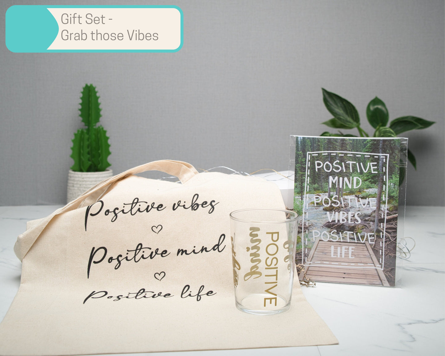 Positive Vibes Mind Life Wall Art Gift Sets in Multiple Sizes, Tote Bag, Scrunchie, A5 Art Print, candle, 500ml glass tumbler, keyring