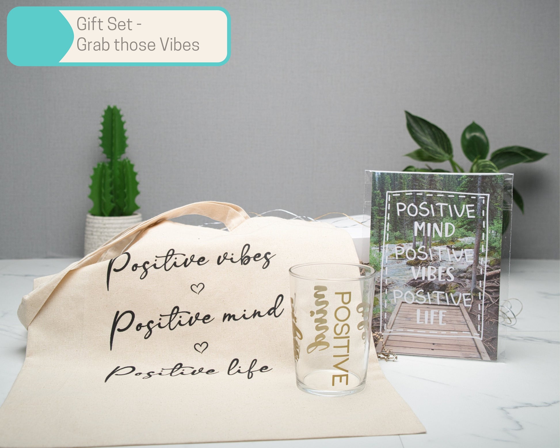 Positive Vibes Mind Life Wall Art Gift Sets in Multiple Sizes, Tote Bag, Scrunchie, A5 Art Print, candle, 500ml glass tumbler, keyring