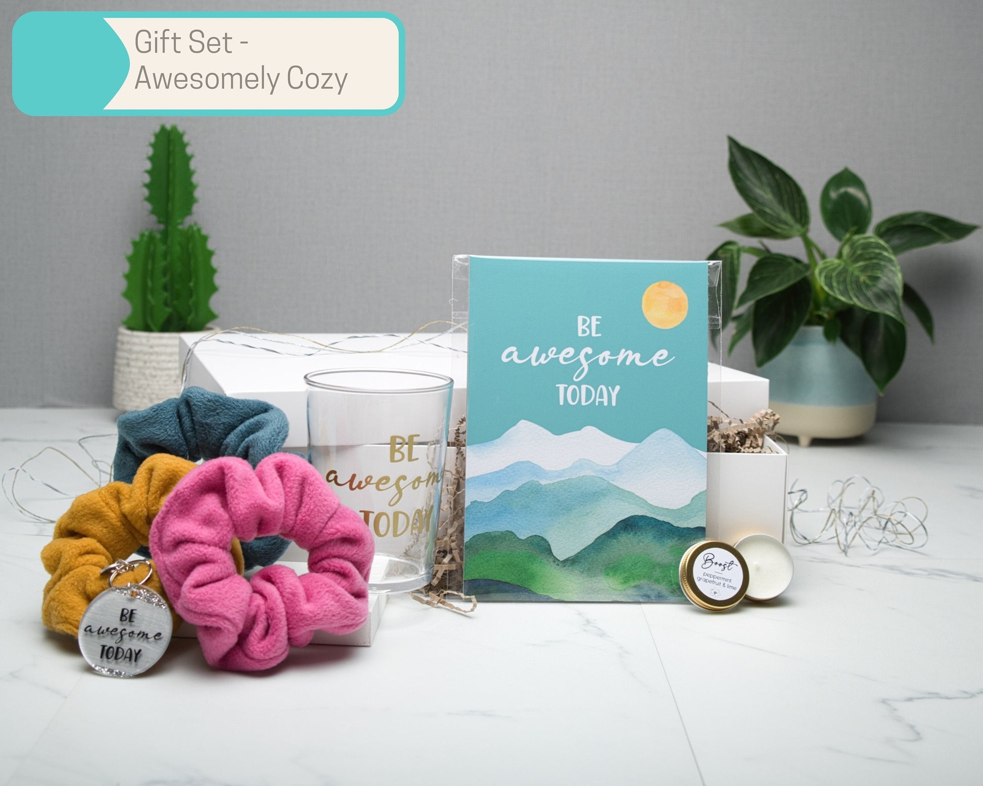 Be Awesome A5 Wall Art Print Gift Sets, Cozy Fleece Scrunchies, Candle, 500ml premium glass tumbler, Keyring, Home Decor Gift Box
