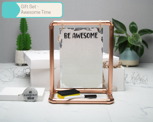 A5 Be Awesome Reusable Acrylic todo List with Copper Pipe Display Stand, Gift Sets in Multiple Sizes, keyring, Dry Wipe Marker, Gift Box