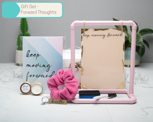 A5 Keep Moving Forward Reusable Acrylic todo List with Pink Copper Pipe Display Stand, Wall Art Gift Sets in Multiple Sizes, cozy scrunchie