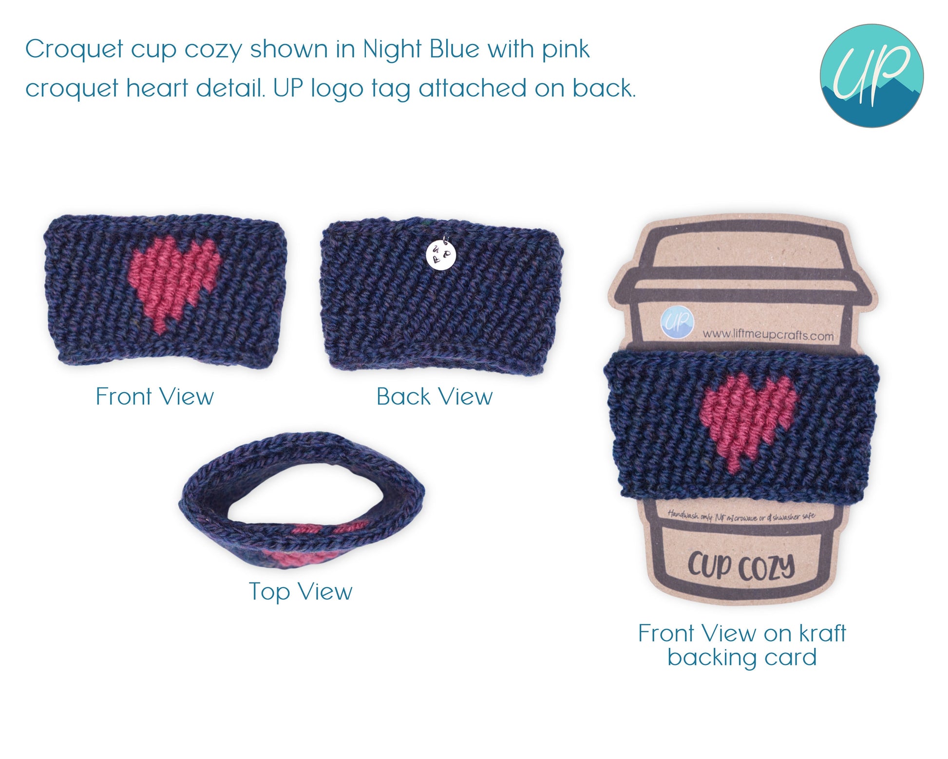 Cute Crochet Heart Cup Cozy for Takeaway Cups, Eco Friendly Handmade Coffee Lovers Gift, Hot Chocolate Hug, Self Care Inspirational Quotes