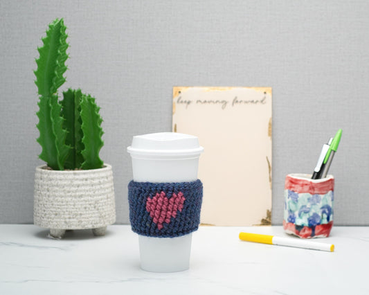 Cute Crochet Heart Cup Cozy for Takeaway Cups, Eco Friendly Handmade Coffee Lovers Gift, Hot Chocolate Hug, Self Care Inspirational Quotes