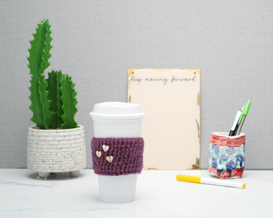 Cute Crochet Cup Cozy for Takeaway Cups with Wooden Buttons, Eco Friendly Handmade Coffee Lovers Gift, Self Care Inspirational Quotes, Berry