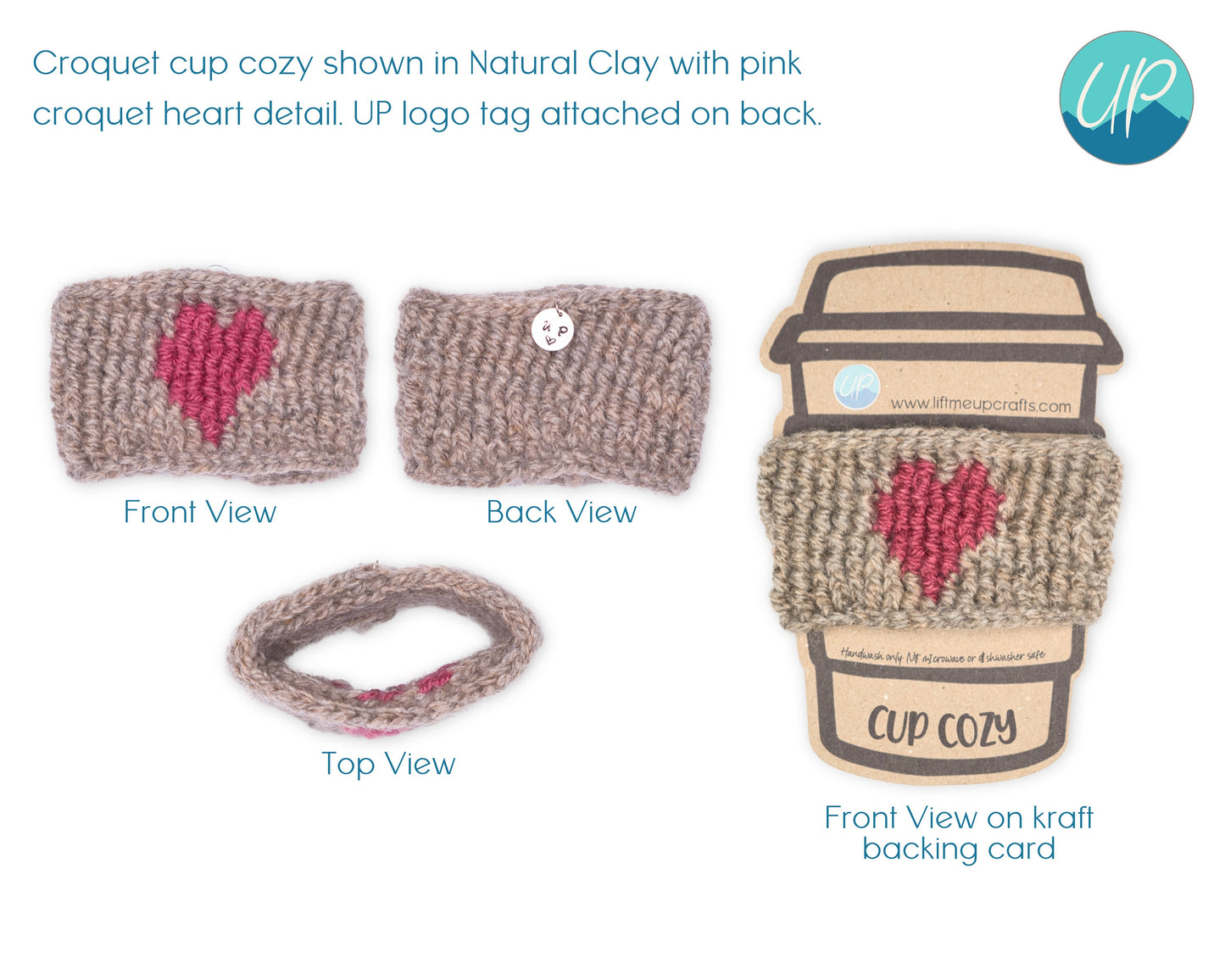 Cute Crochet Heart Cup Cozy for Takeaway Cups, Eco Friendly Handmade Coffee Lovers Gift, Hot Chocolate Hug, Self Care Inspirational Quotes
