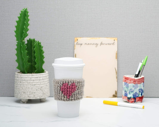 Cute Crochet Heart Cup Cozy for Takeaway Cups, Eco Friendly Handmade Coffee Lovers Gift, Hot Chocolate Hug, Self Care Inspirational Quotes
