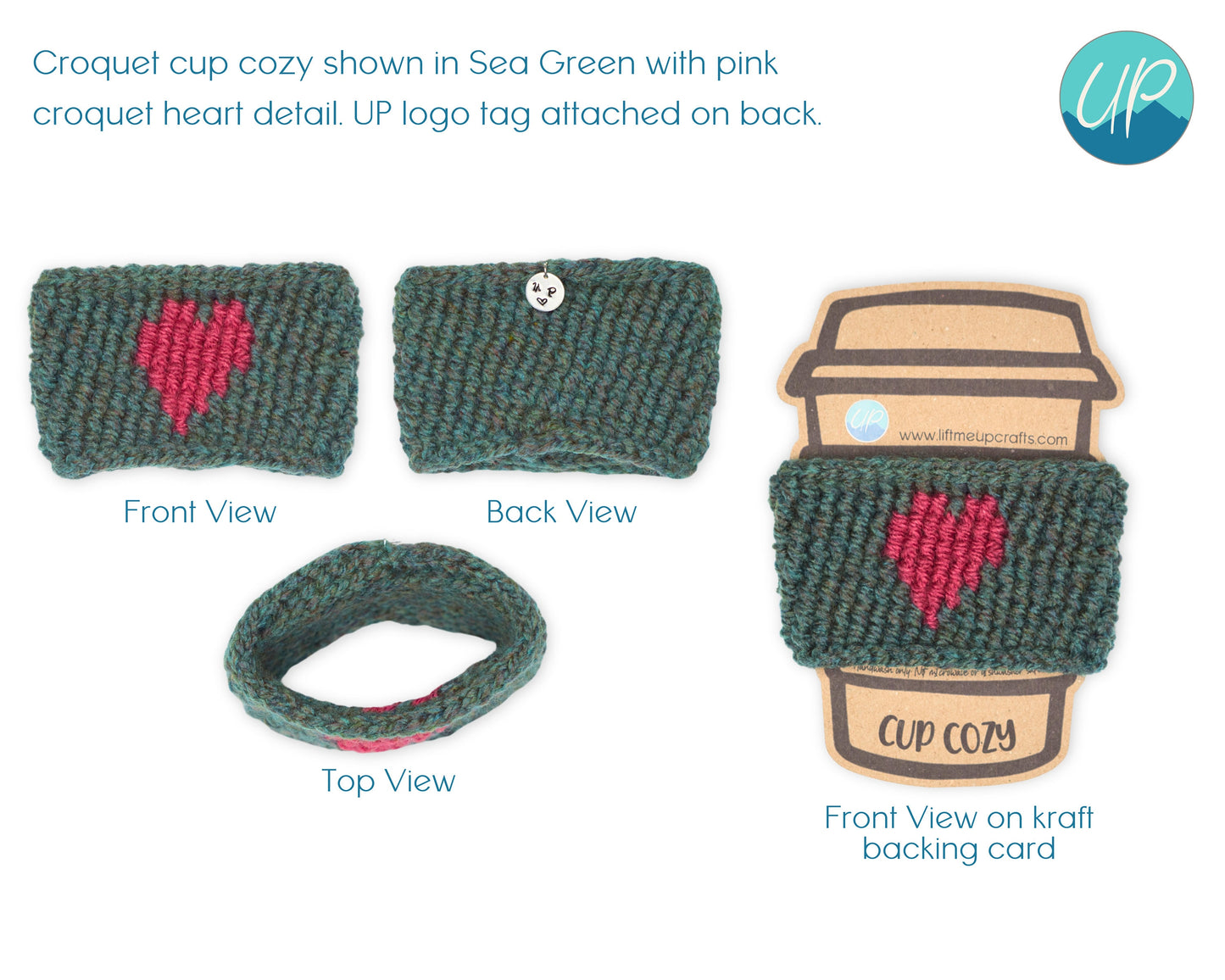 Cute Crochet Heart Cup Cozy for Takeaway Cups, Eco Friendly Handmade Coffee Lovers Gift, Hot Chocolate Hug, Self Care Inspirational Quotes