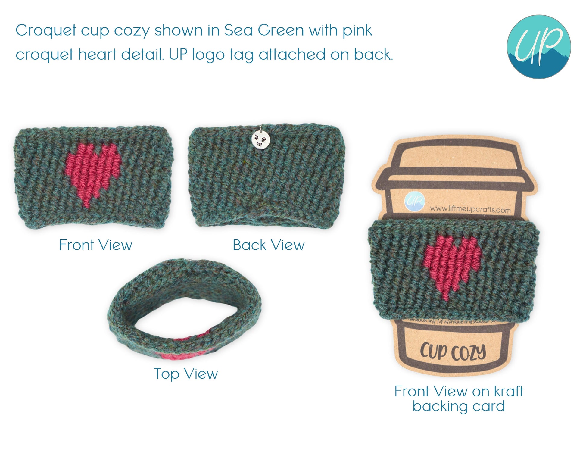 Cute Crochet Heart Cup Cozy for Takeaway Cups, Eco Friendly Handmade Coffee Lovers Gift, Hot Chocolate Hug, Self Care Inspirational Quotes
