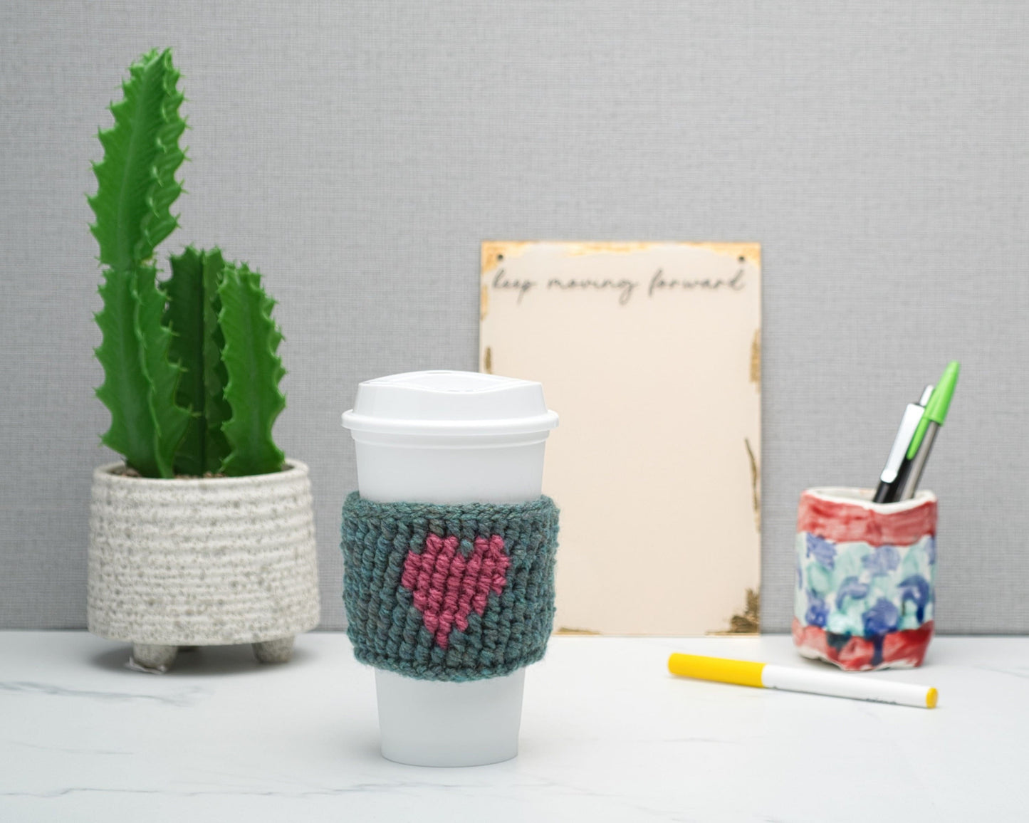 Cute Crochet Heart Cup Cozy for Takeaway Cups, Eco Friendly Handmade Coffee Lovers Gift, Hot Chocolate Hug, Self Care Inspirational Quotes