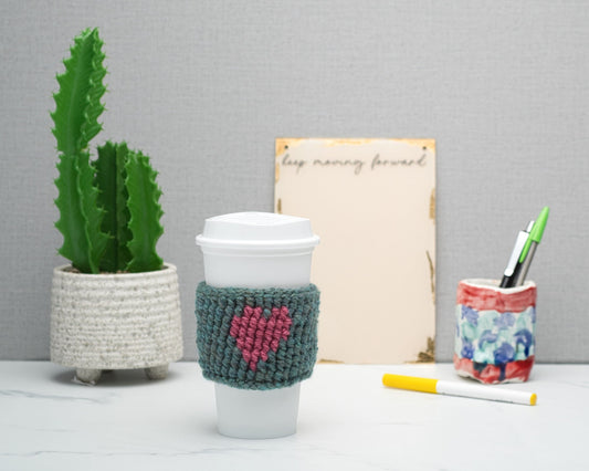 Cute Crochet Heart Cup Cozy for Takeaway Cups, Eco Friendly Handmade Coffee Lovers Gift, Hot Chocolate Hug, Self Care Inspirational Quotes