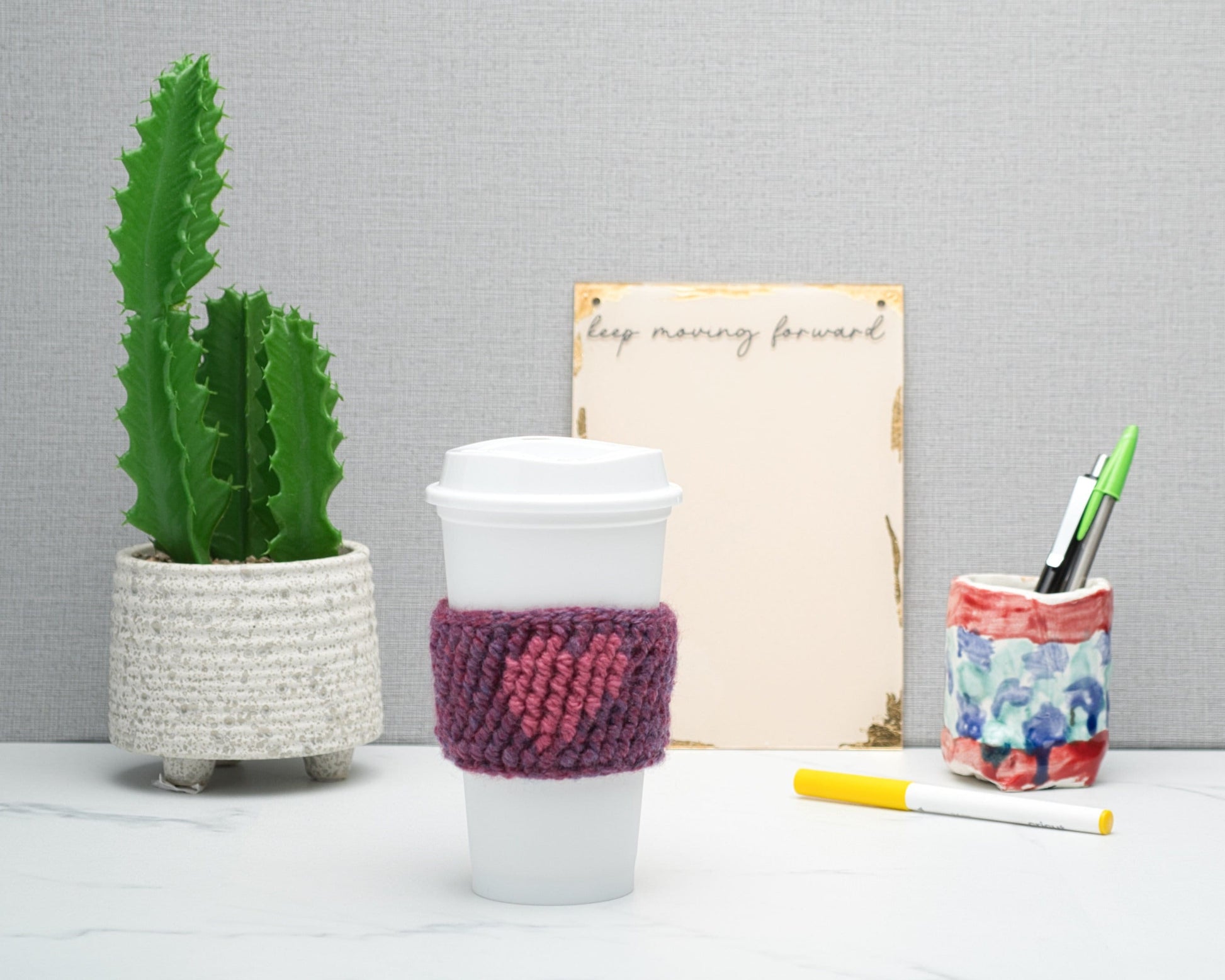 Cute Crochet Heart Cup Cozy for Takeaway Cups, Eco Friendly Handmade Coffee Lovers Gift, Hot Chocolate Hug, Self Care Inspirational Quotes