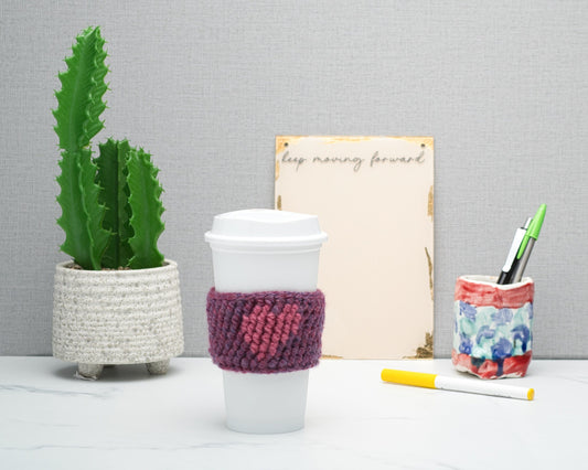 Cute Crochet Heart Cup Cozy for Takeaway Cups, Eco Friendly Handmade Coffee Lovers Gift, Hot Chocolate Hug, Self Care Inspirational Quotes