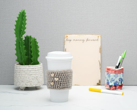 Cute Crochet Cup Cozy for Takeaway Cups with Wooden Buttons, Eco Friendly Handmade Coffee Lovers Gift, Self Care Inspirational Quotes, Clay