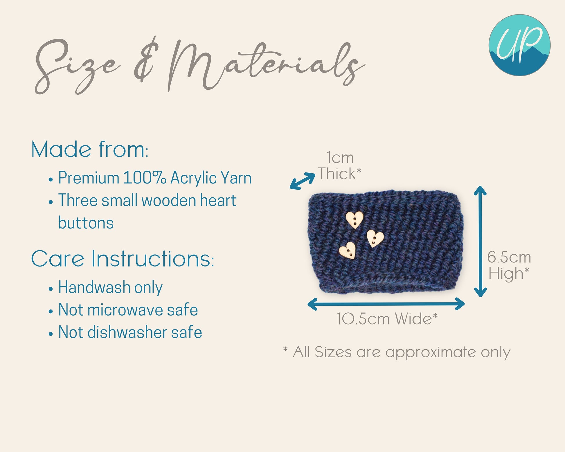 Cute Crochet Cup Cozy for Takeaway Cups with Wooden Buttons, Eco Friendly Handmade Coffee Lovers Gift, Self Care Inspirational Quotes, Blue