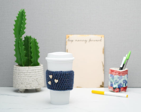 Cute Crochet Cup Cozy for Takeaway Cups with Wooden Buttons, Eco Friendly Handmade Coffee Lovers Gift, Self Care Inspirational Quotes, Blue