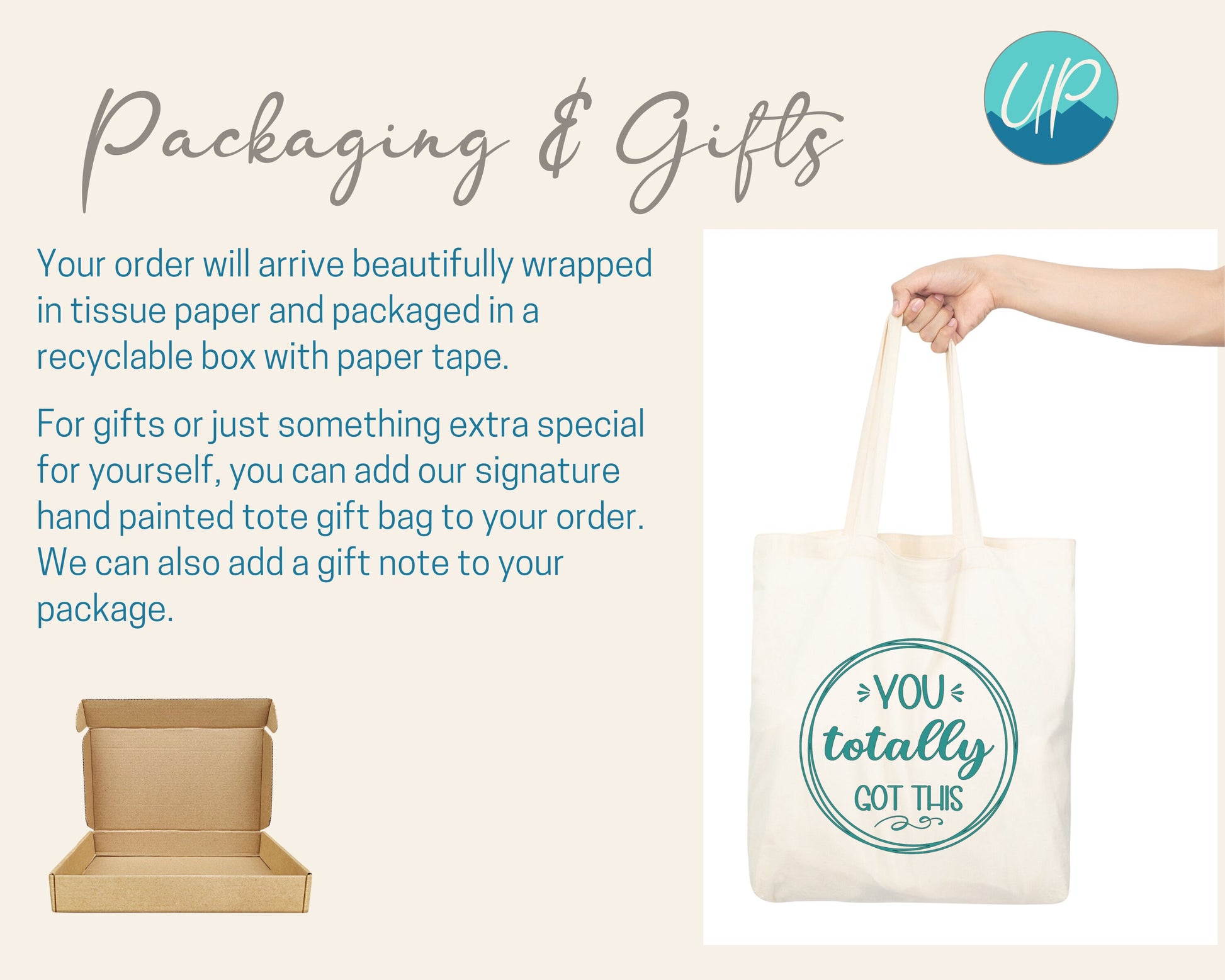 Information page with brand logo showing packaging and gifting options. Hand holding natural colored tote bag with teal design of three large overlapping thin circles with message inside, You totally got this. Wrapped in tissue paper as standard.