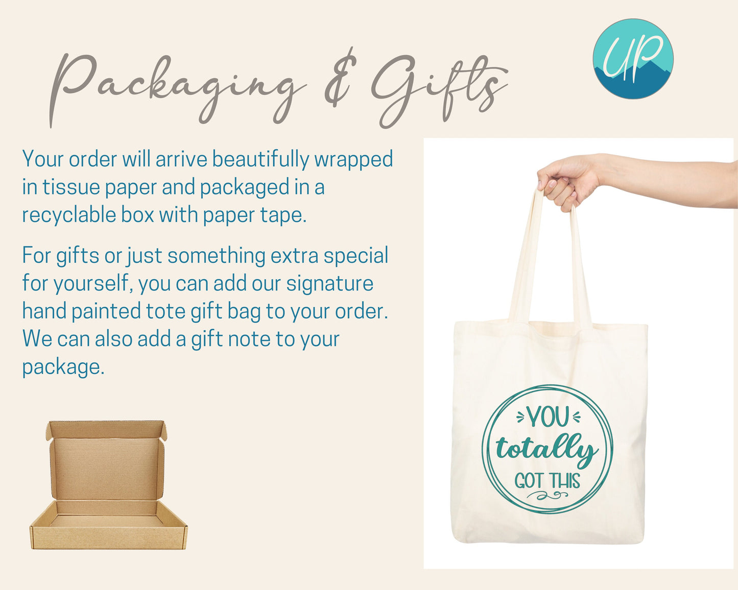 Information page with brand logo showing packaging and gifting options. Hand holding natural colored tote bag with teal design of three large overlapping thin circles with message inside, You totally got this. Wrapped in tissue paper as standard.