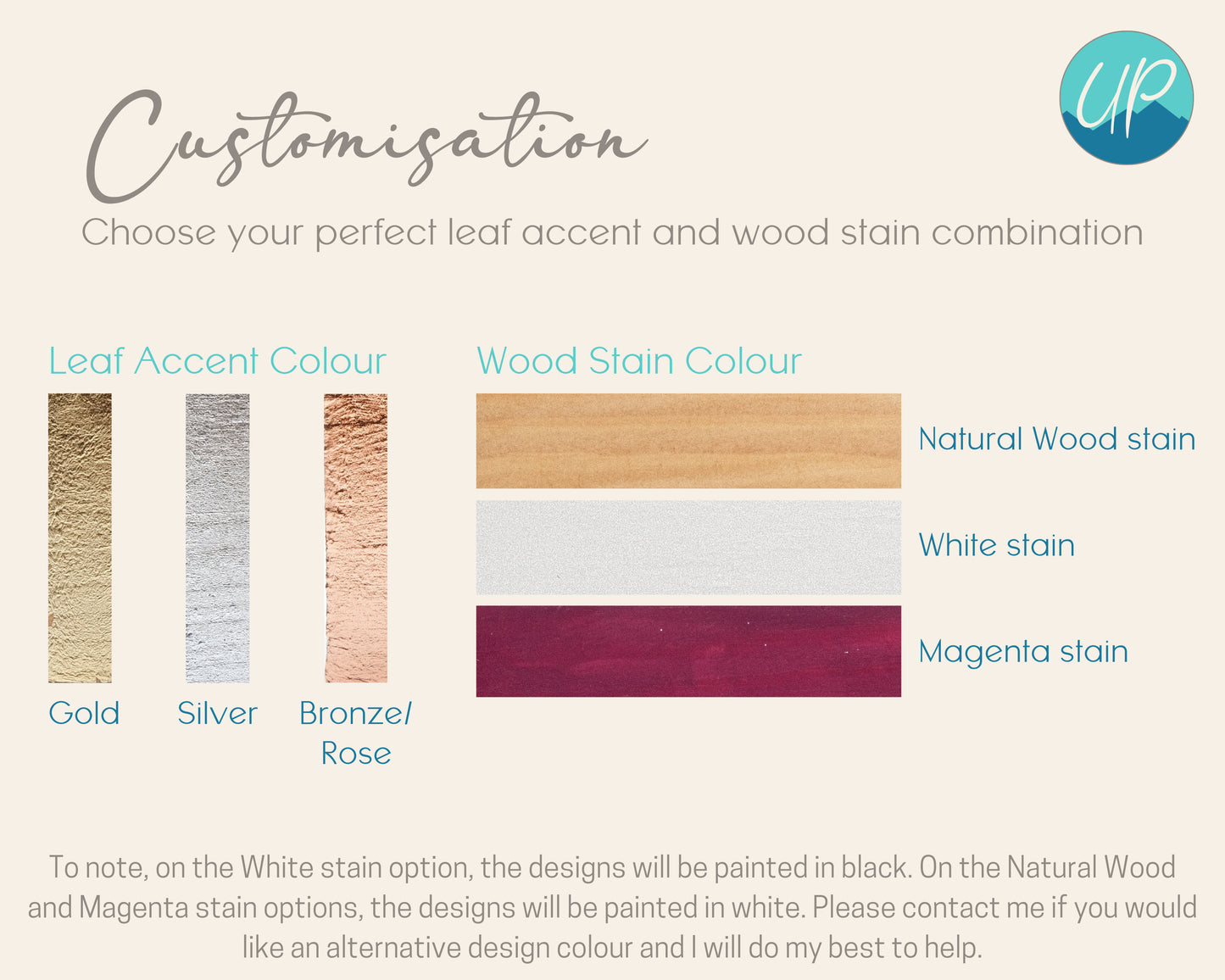 Light colored information page with brand logo showing customization options. Leaf accent available in gold, silver and bronze rose gold. Wood stain available in natural wood, white and magenta.