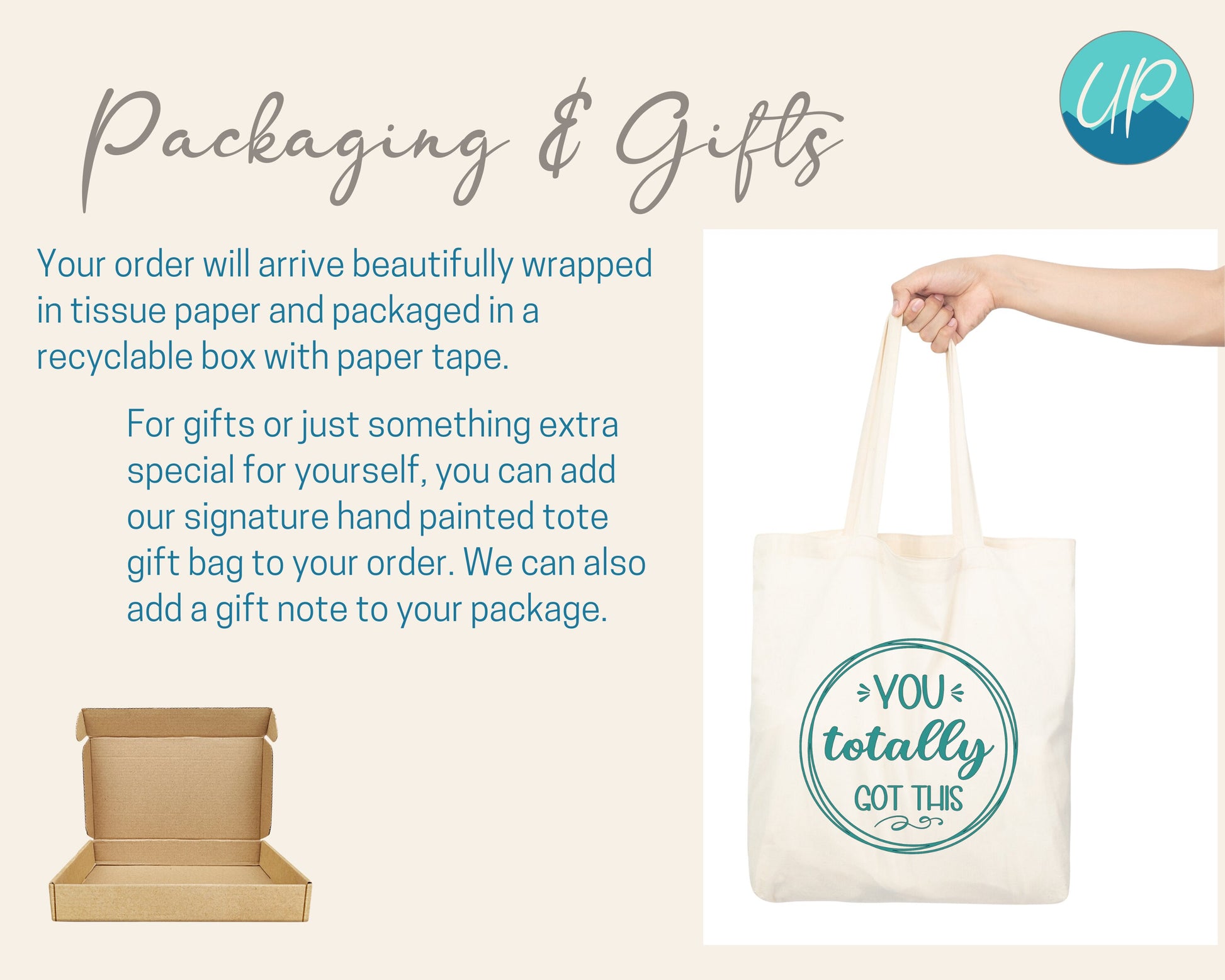 Information page with brand logo showing packaging and gifting options. Hand holding natural colored tote bag with teal design of three large overlapping thin circles with message inside, You totally got this. Wrapped in tissue paper as standard.