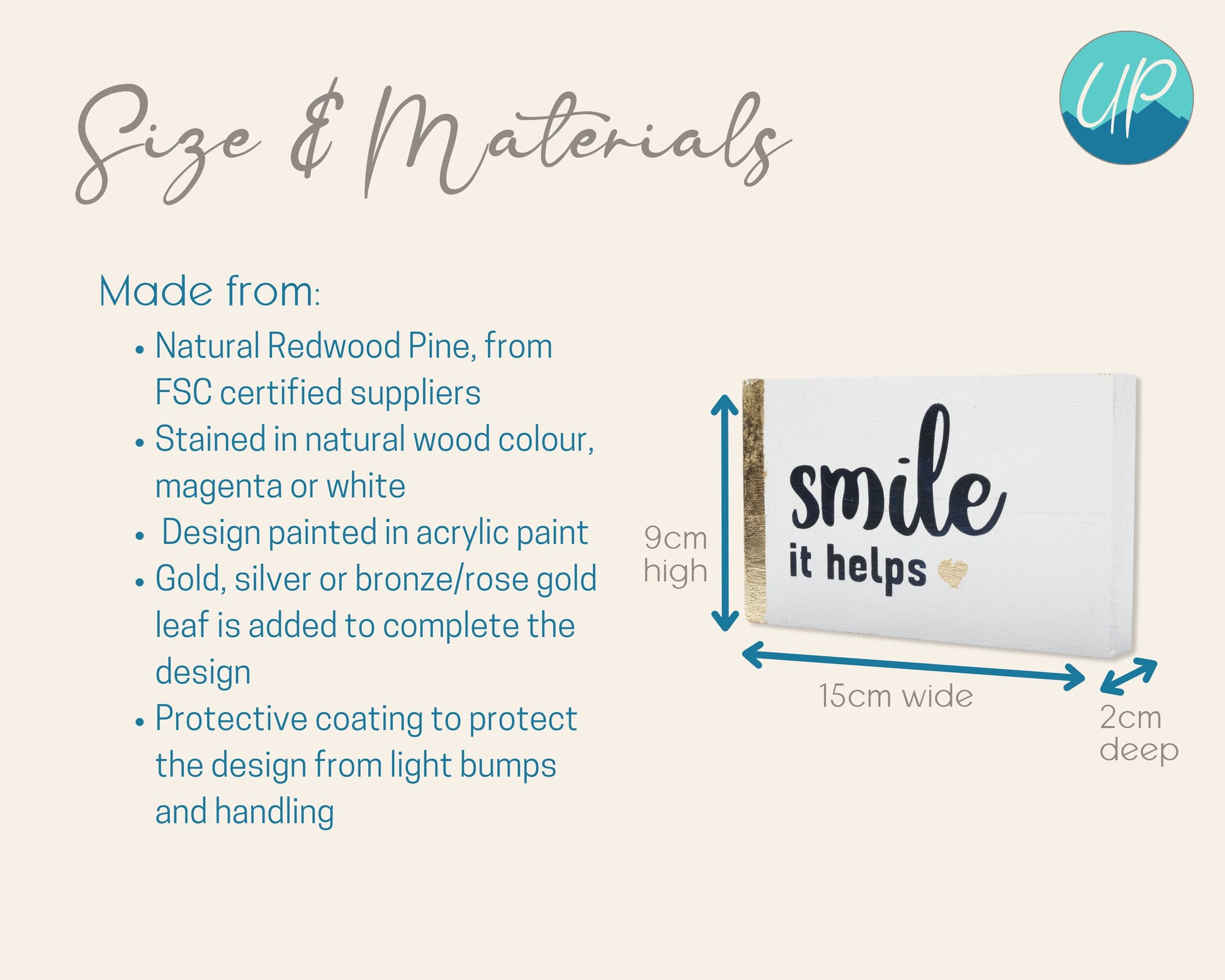 Light colored information page with brand logo showing size of sign with a picture and materials list. Size is centimeters 15 wide, 9 high, 2 deep. Materials include natural Redwood, gold leaf, wood stain and acrylic paint.
