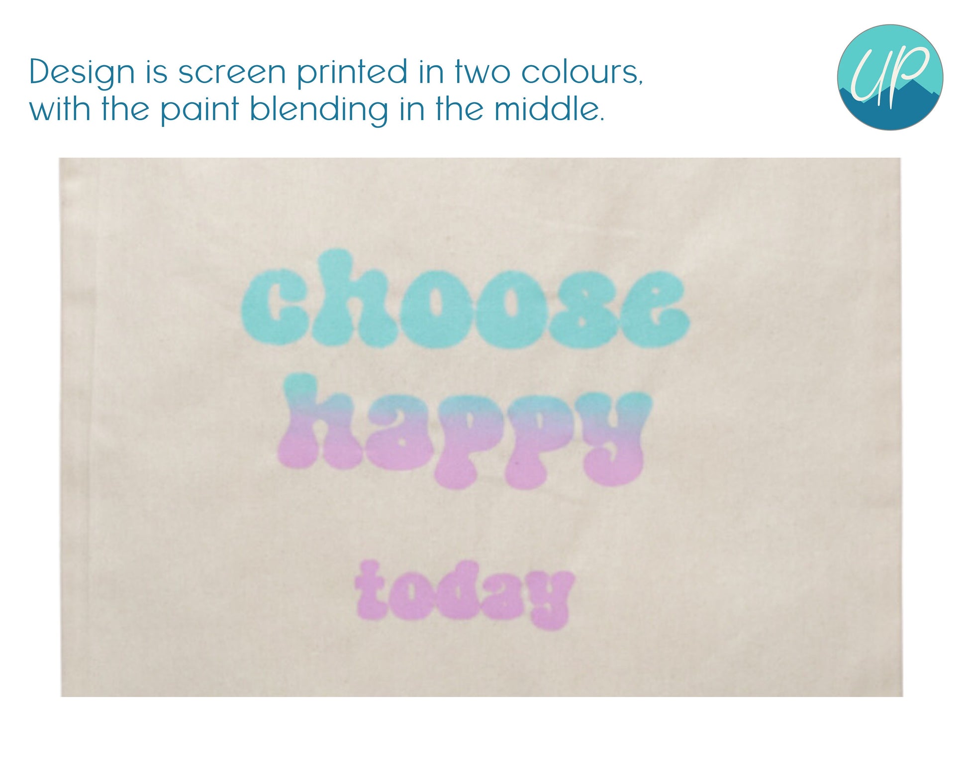Natural Cotton Choose Happy Today Large Tote Bag, Self Care Inspirational Quotes, Screen Printed Blue to Pink Ombre, Reusable Gift Bag