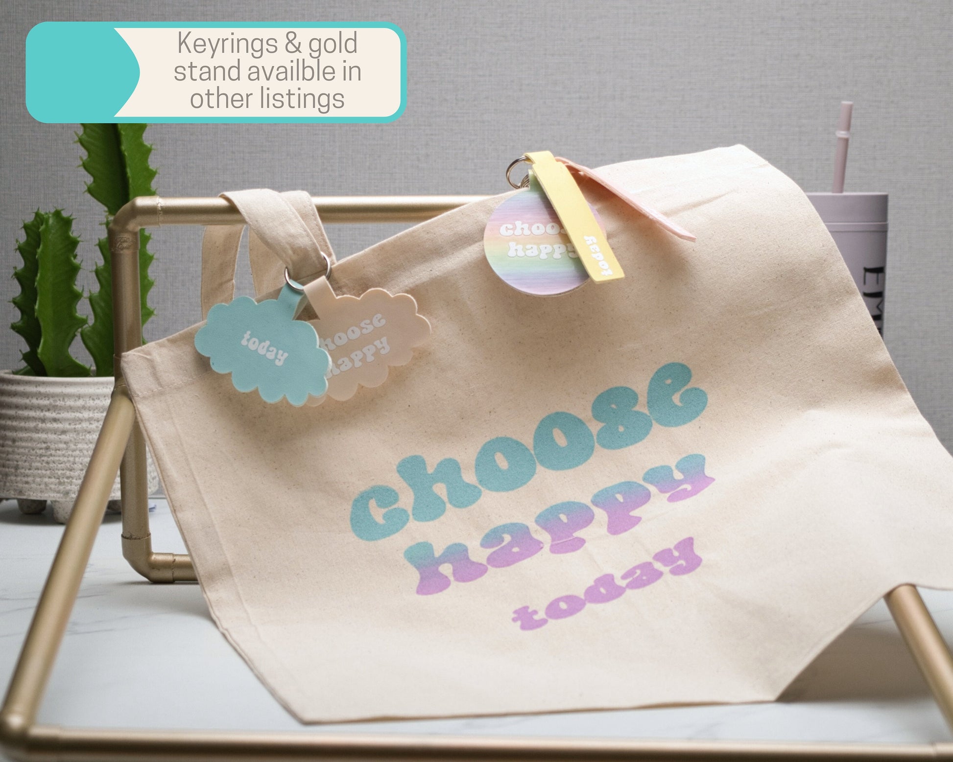 Natural Cotton Choose Happy Today Large Tote Bag, Self Care Inspirational Quotes, Screen Printed Blue to Pink Ombre, Reusable Gift Bag