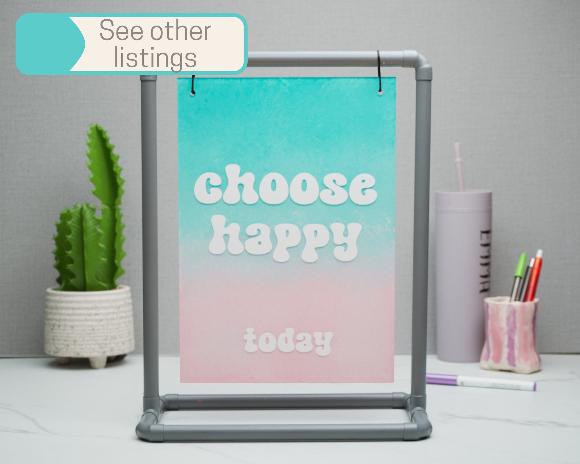Natural Cotton Choose Happy Today Large Tote Bag, Self Care Inspirational Quotes, Screen Printed Blue to Pink Ombre, Reusable Gift Bag
