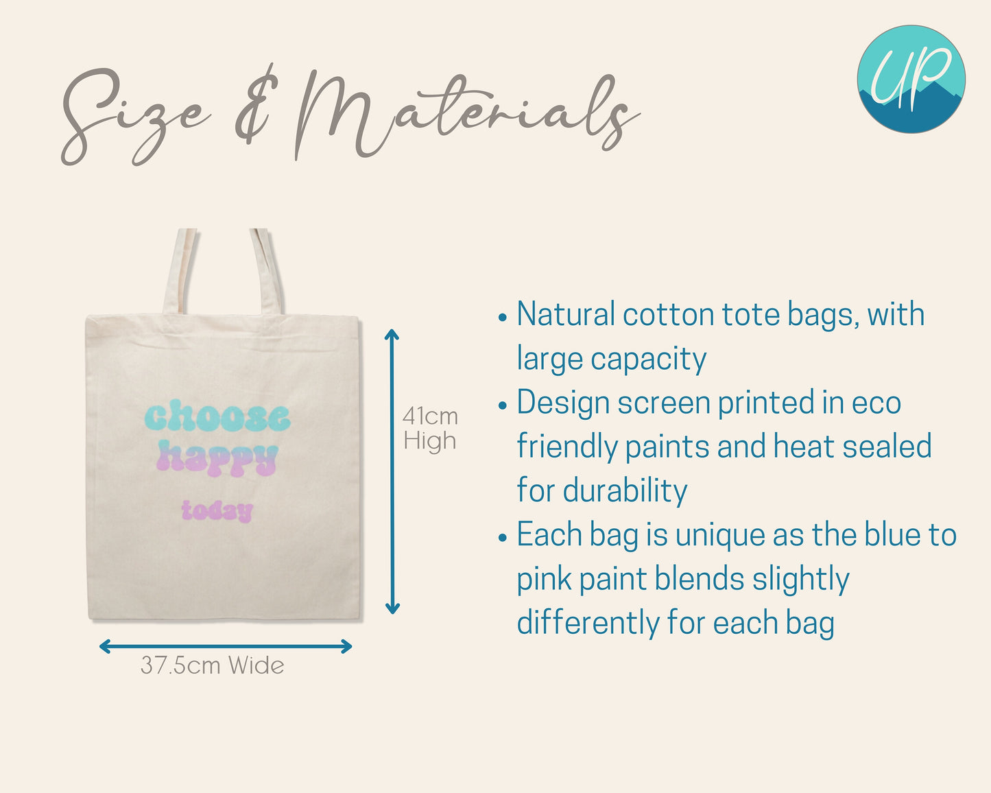 Natural Cotton Choose Happy Today Large Tote Bag, Self Care Inspirational Quotes, Screen Printed Blue to Pink Ombre, Reusable Gift Bag