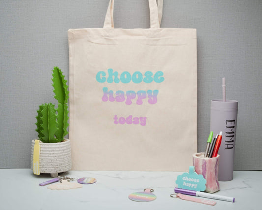 Natural Cotton Choose Happy Today Large Tote Bag, Self Care Inspirational Quotes, Screen Printed Blue to Pink Ombre, Reusable Gift Bag