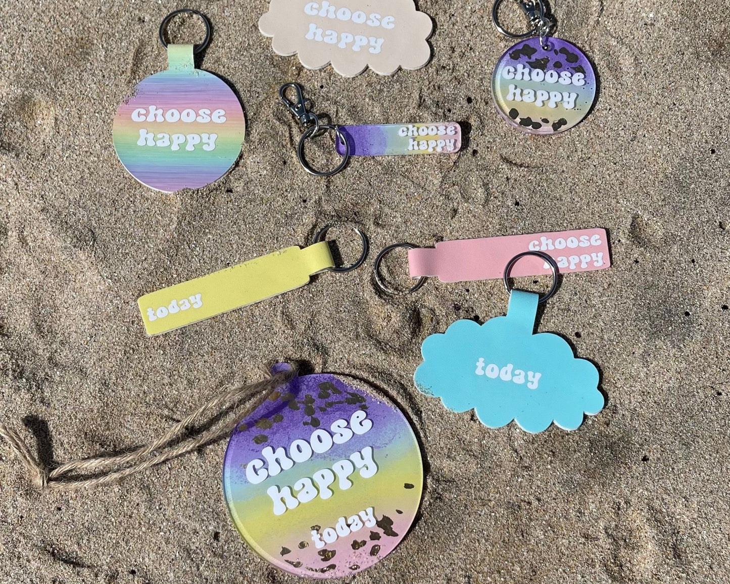 Custom Choose Happy Today Motivational Keyrings in Pastel Faux Leather, Light Weight Keychain Accessory, Self Care Inspirational Quotes