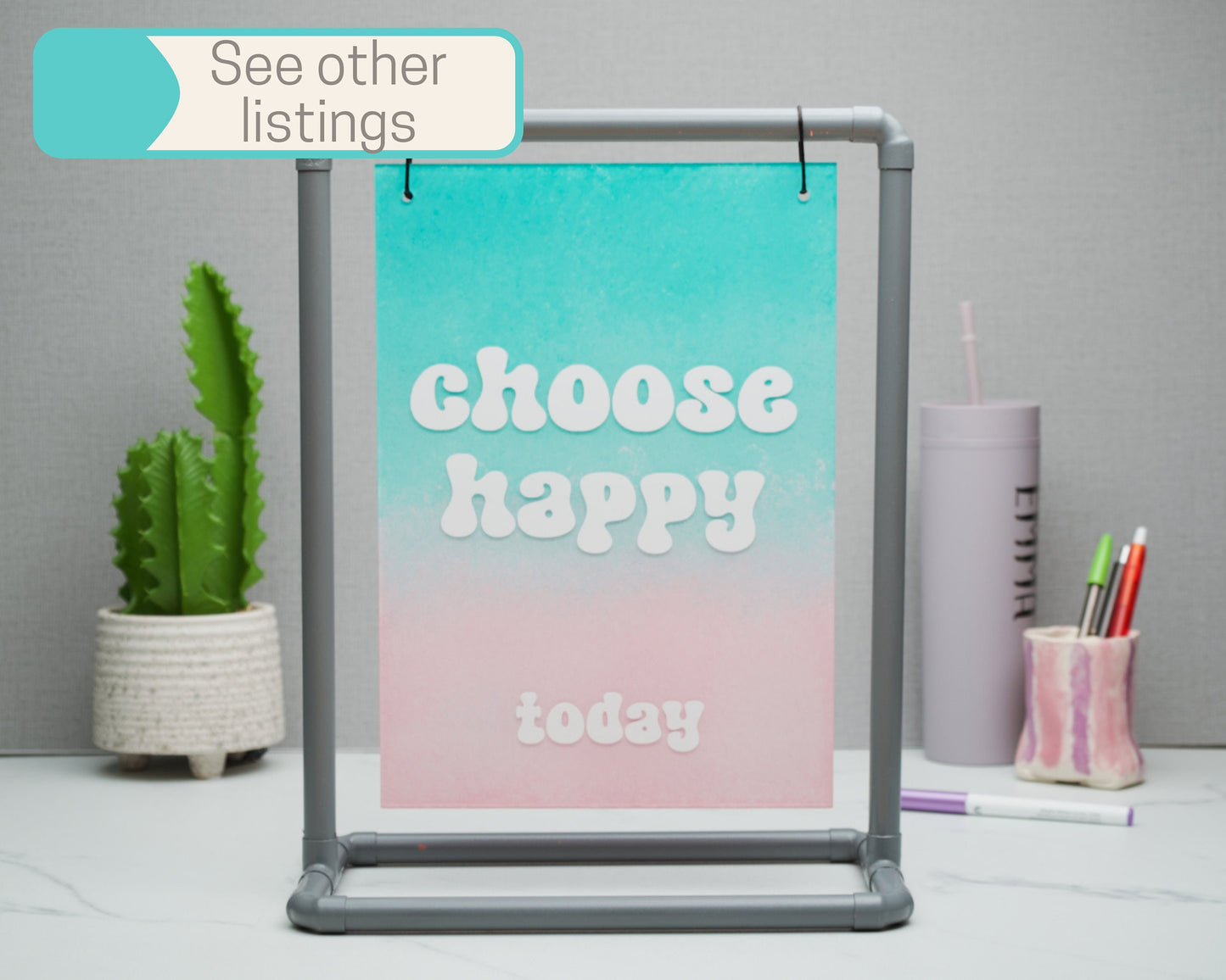 Choose Happy Today Pink to Blue Self Care Inspirational Quotes Square Canvas Wall Art, Happy Place