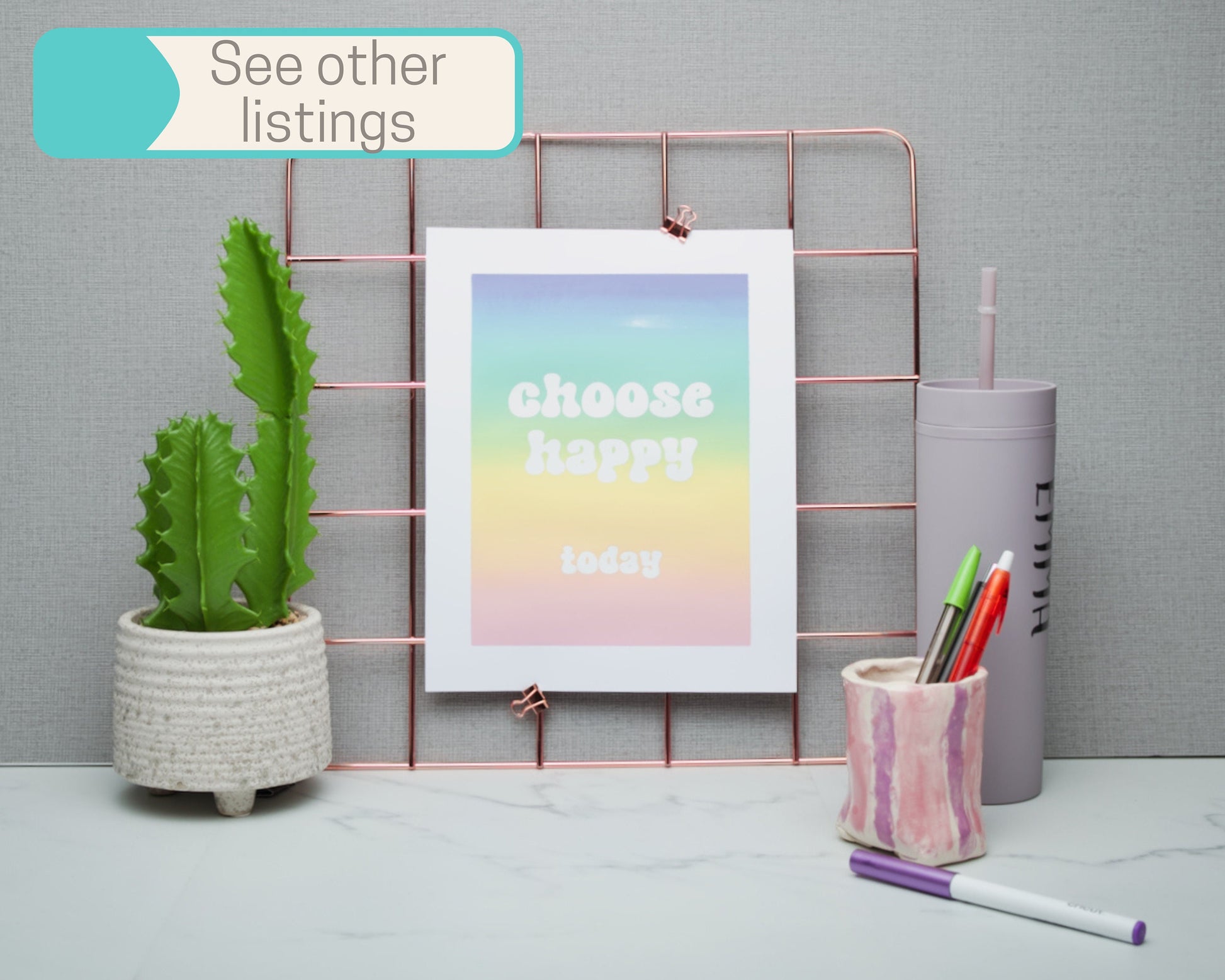 Choose Happy Today Pink to Blue Self Care Inspirational Quotes Square Canvas Wall Art, Happy Place