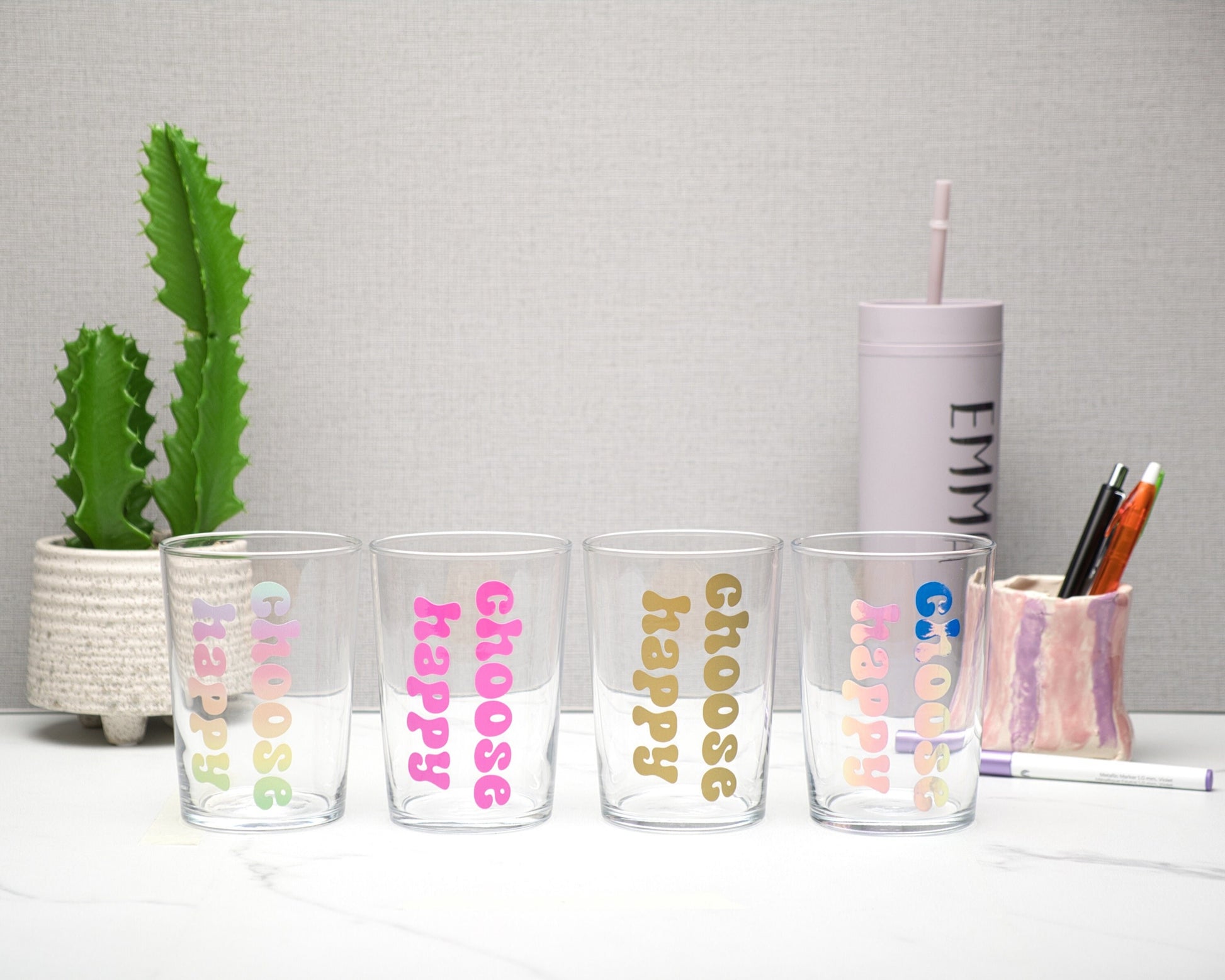 Choose Happy Glass Tumbler, 500ml Highball Glass, Everyday Glass, Self Care Inspirational Quotes, Pastel Rainbow, Pearl, Colour Changing