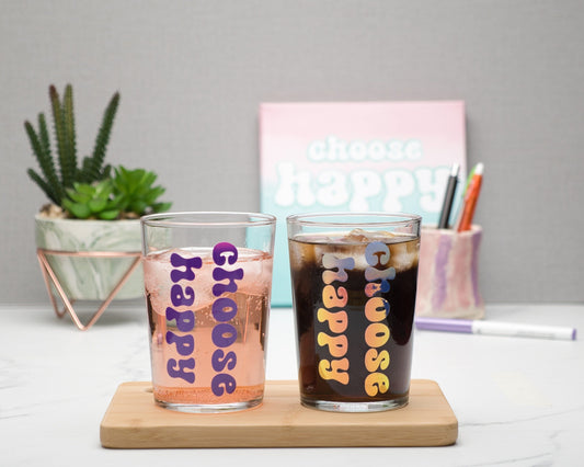Choose Happy Glass Tumbler, 500ml Highball Glass, Everyday Glass, Self Care Inspirational Quotes, Pastel Rainbow, Pearl, Colour Changing