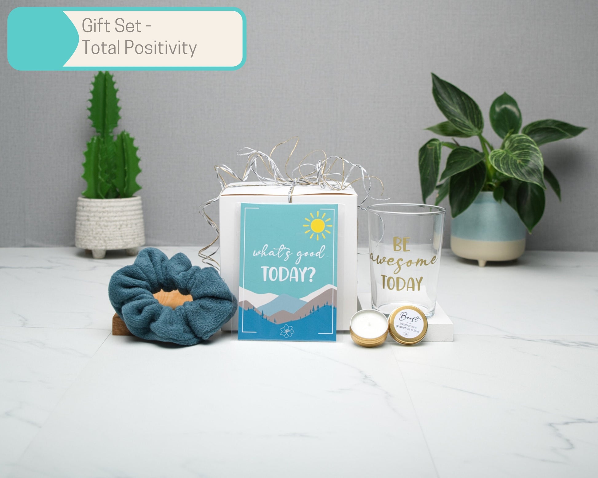Positivity Wall Art Gift Sets in Multiple Sizes, Cozy Scrunchie, A6 Art Print, keyring, candle, 500ml glass tumbler, Home Decor Gift Box
