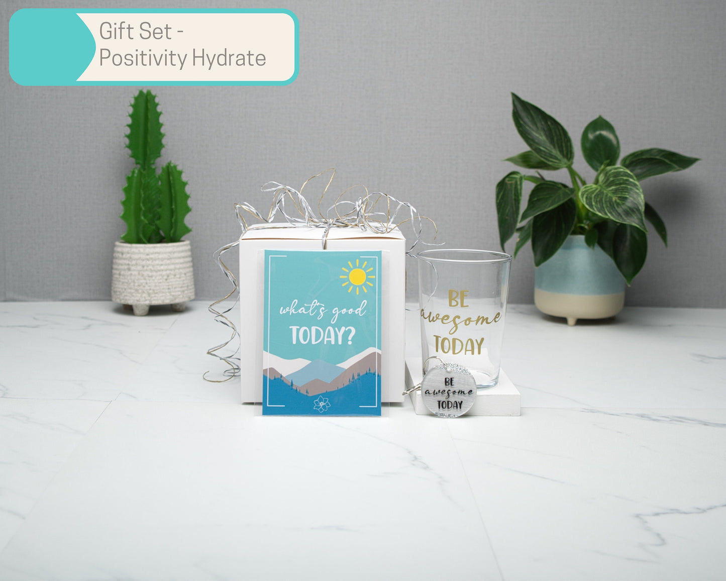 Positivity Wall Art Gift Sets in Multiple Sizes, Cozy Scrunchie, A6 Art Print, keyring, candle, 500ml glass tumbler, Home Decor Gift Box