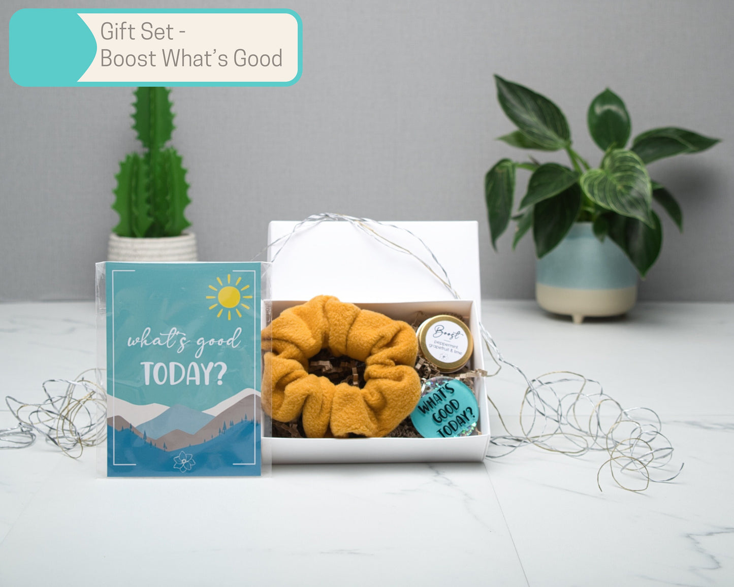 Motivational Wall Art Gift Sets in Multiple Sizes, What's Good Today, Cozy Scrunchie, A6 Art Print, keyring, candle, Home Decor Gift Box