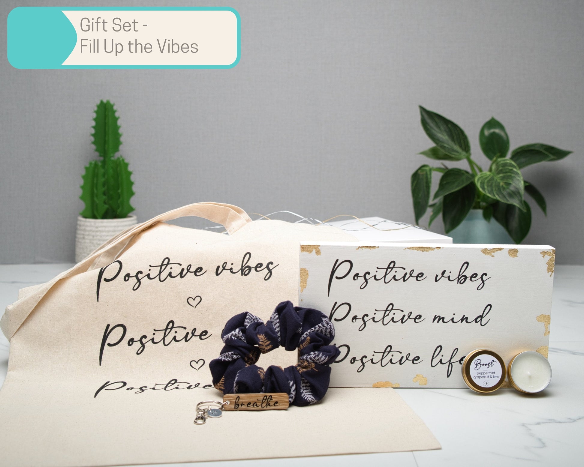 Wood Block Gift Sets Positive Vibes Mind Life in Multiple Sizes, Tote Bag, Scrunchie, candle, 500ml glass tumbler, keyring, Home Decor Gift
