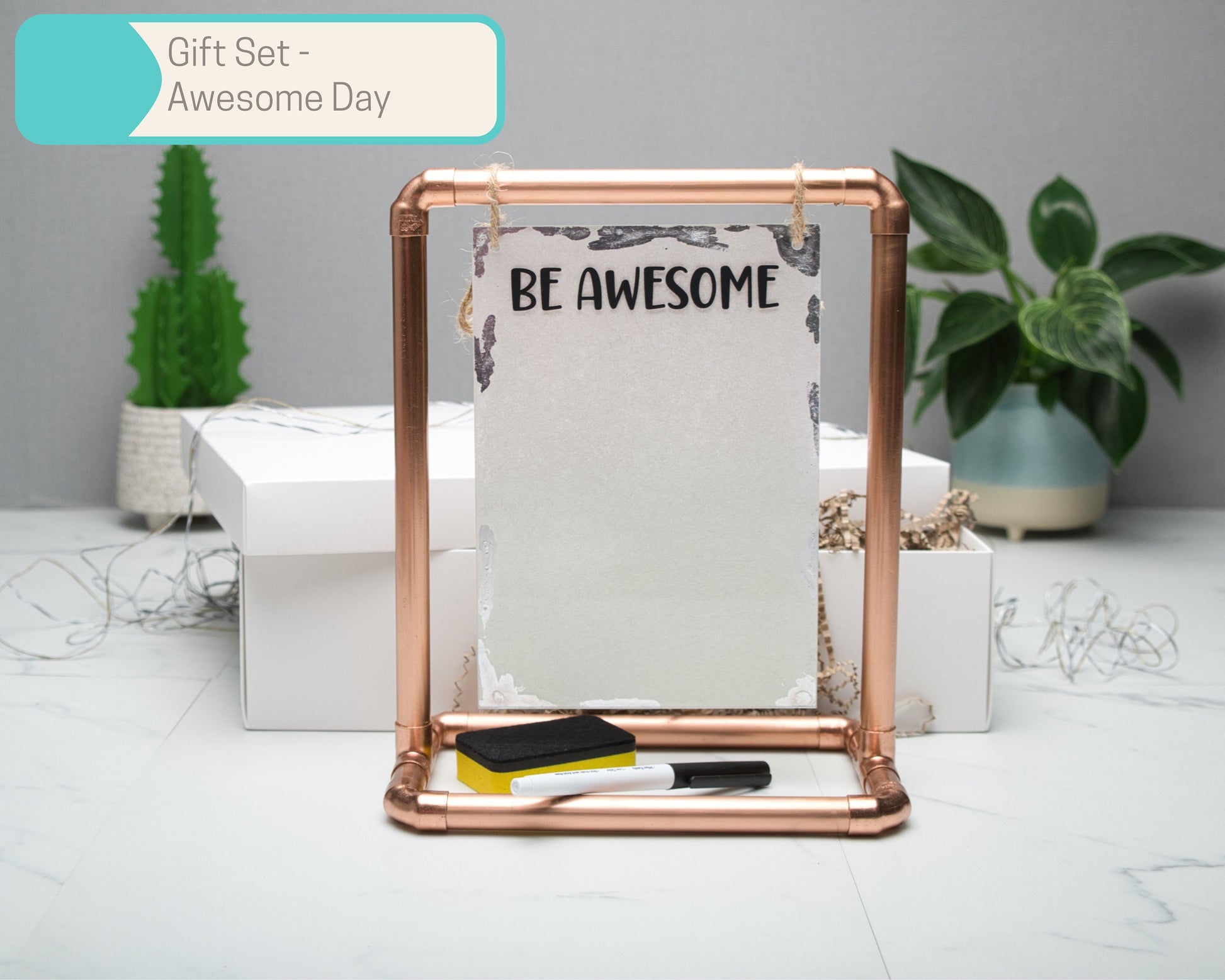 A5 Be Awesome Reusable Acrylic todo List with Copper Pipe Display Stand, Gift Sets in Multiple Sizes, keyring, Dry Wipe Marker, Gift Box