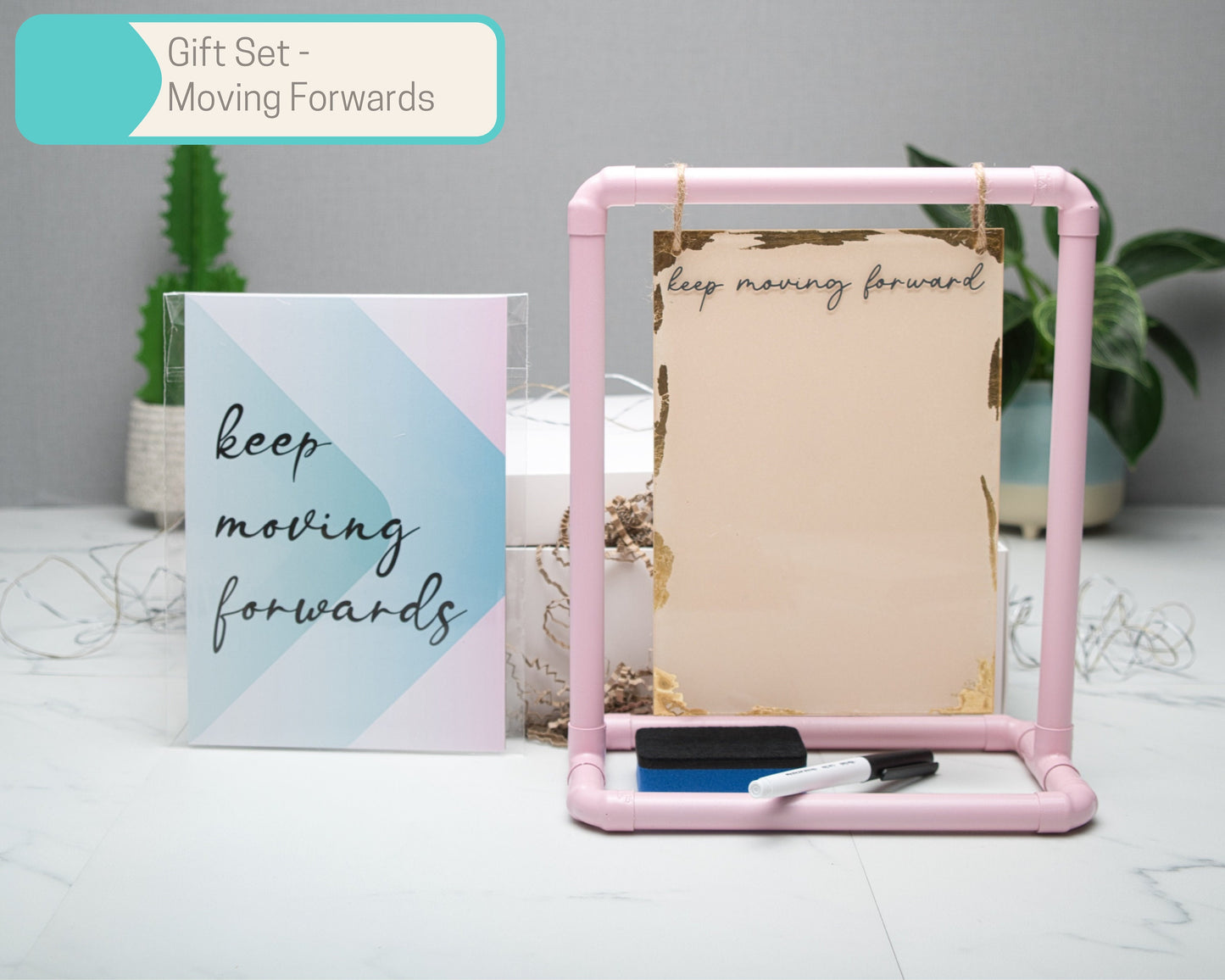 A5 Keep Moving Forward Reusable Acrylic todo List with Pink Copper Pipe Display Stand, Wall Art Gift Sets in Multiple Sizes, cozy scrunchie