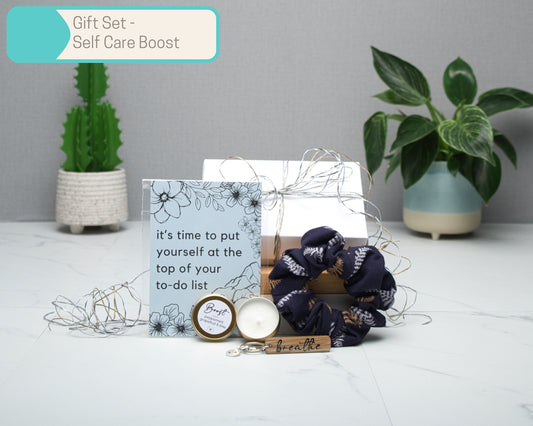 Self Care Wall Art Gift Sets in Multiple Sizes, Scrunchie, A6 Art Print, keyring, candle, premium 500ml glass tumbler, Home Decor Gift Box