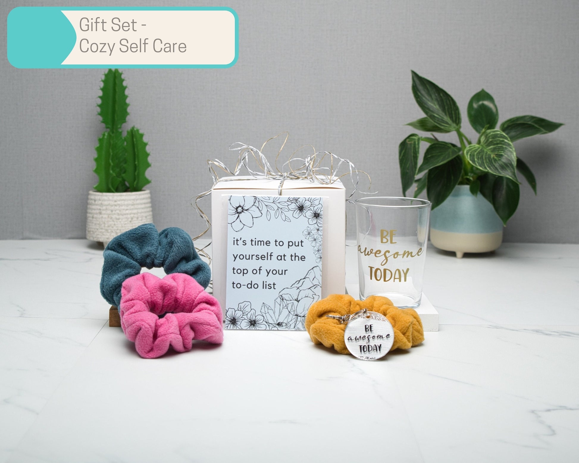 Cozy Self Care Wall Art Gift Sets in Multiple Sizes, Scrunchies, A6 Art Print, keyring, candle, 500ml glass tumbler, Home Decor Gift Box