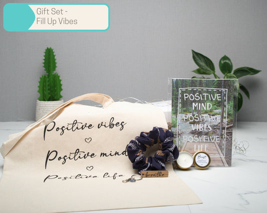 Positive Vibes Mind Life Wall Art Gift Sets in Multiple Sizes, Tote Bag, Scrunchie, A5 Art Print, candle, 500ml glass tumbler, keyring