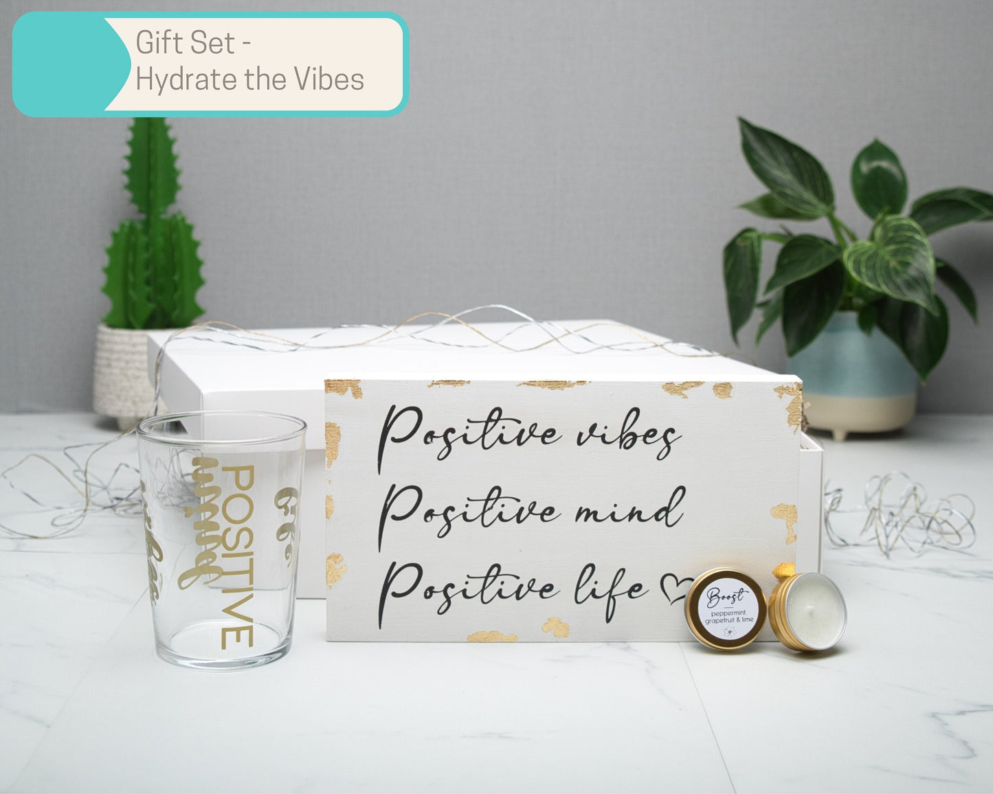 Wood Block Gift Sets Positive Vibes Mind Life in Multiple Sizes, Tote Bag, Scrunchie, candle, 500ml glass tumbler, keyring, Home Decor Gift