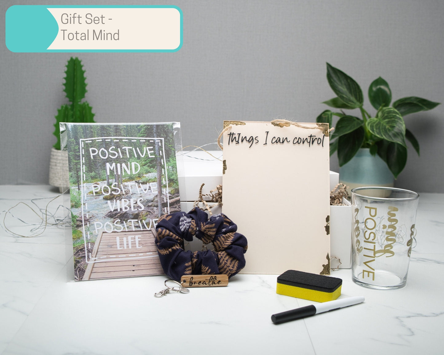 Positive Vibes Mind Life Wall Art Gift Sets in Multiple Sizes, Reusable todo List, Scrunchie, A5 Art Print, candle, 500ml glass tumbler