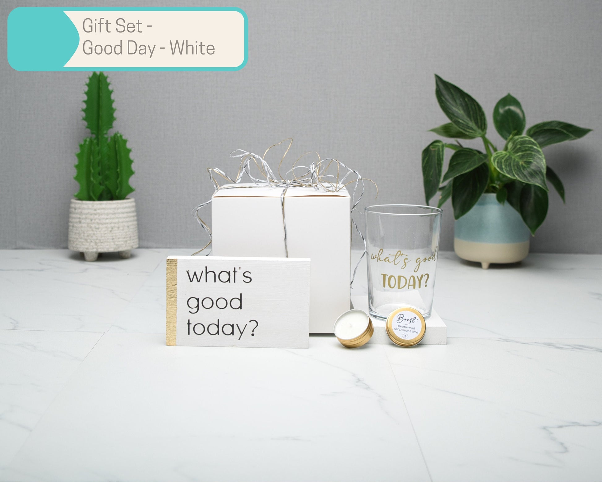 Positive Thinking Small Woodblock Gift Sets, What's Good Today 500ml Premium glass tumbler, Gold Candle, Home Decor Gift Box