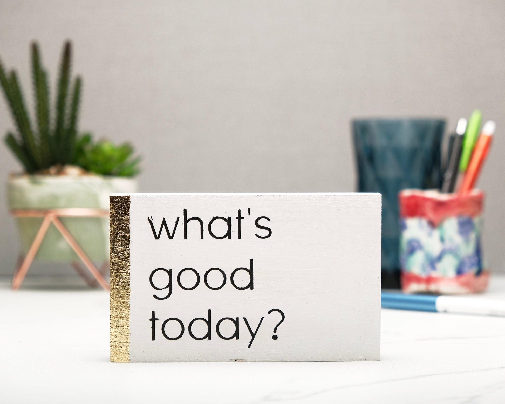 Positive Thinking Small Woodblock Gift Sets, What's Good Today 500ml Premium glass tumbler, Gold Candle, Home Decor Gift Box