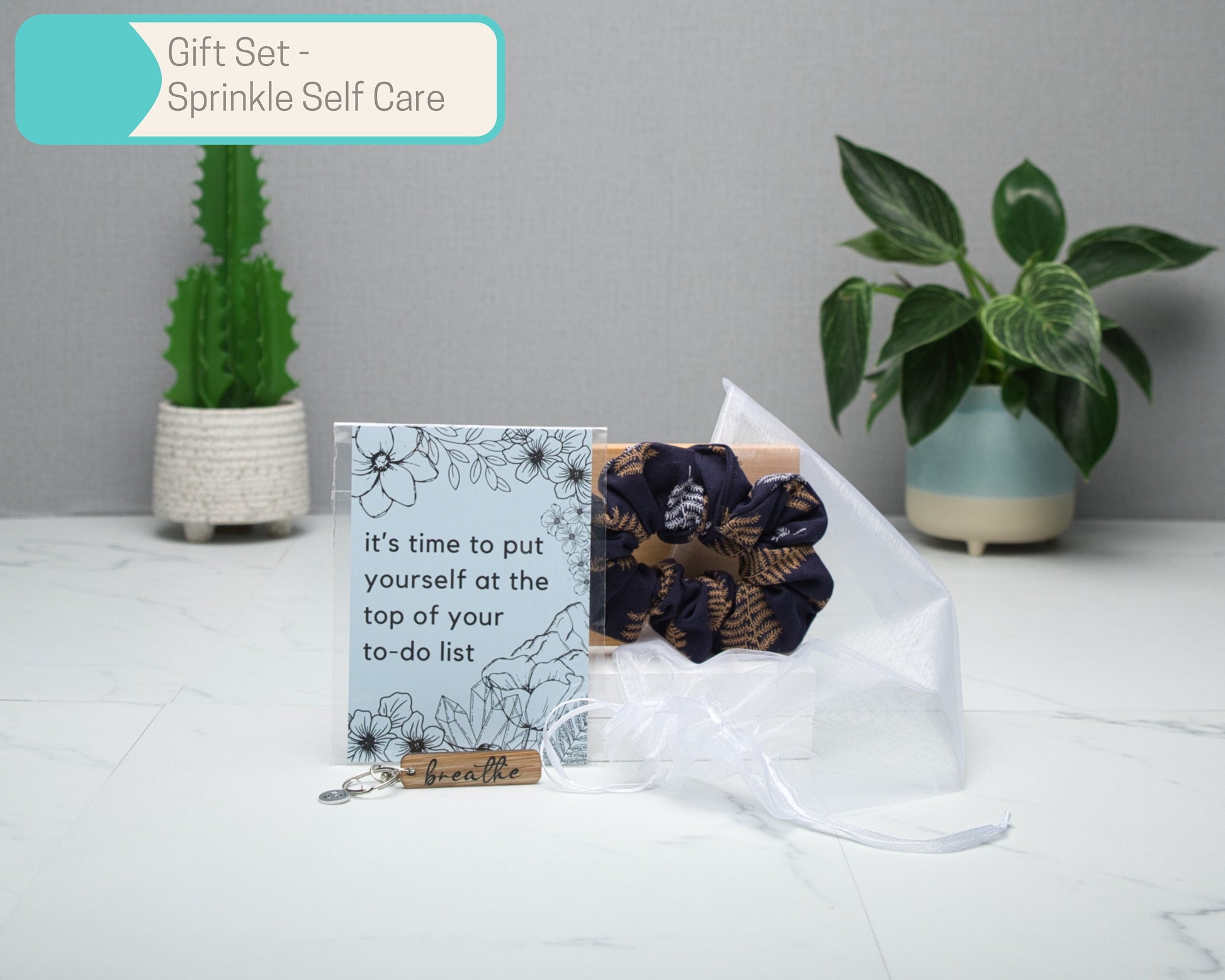 Self Care Wall Art Gift Sets in Multiple Sizes, Scrunchie, A6 Art Print, keyring, candle, premium 500ml glass tumbler, Home Decor Gift Box